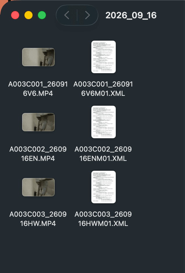 受信フォルダ。日付フォルダの中に、本編素材と同じ名前の MP4 と、撮影情報の XML が並んでいる